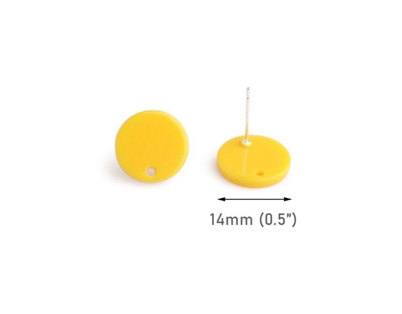4 Yellow Stud Earrings with Holes, Small Round Circle Ear Studs with Post, Bright Acrylic, 14mm