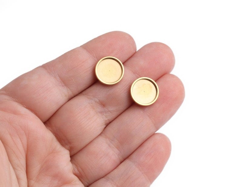 4 Gold Bezel Stud Earring Settings, Shallow Base Tray, Ear Stud Posts, Round Cups, Gold Tone Stainless Steel, Fits 10mm