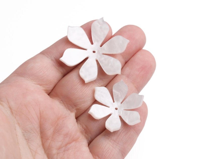 2 White Lotus Flower Beads, Includes 1 Small and 1 Large, Pearl Acrylic Flower Beads for Scrapbooking, Embellishment, Studs, Bows, 1.5" Inch