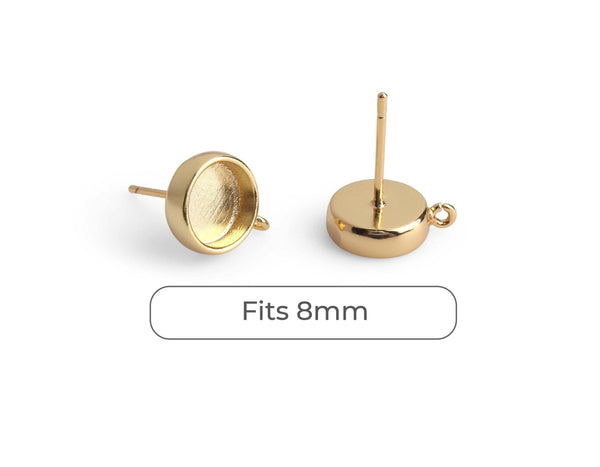 4 Gold Plated Bezel Stud Earring Settings with 1 Loop, Fits 8mm Cabochons, Metal Brass, Deep Base Tray
