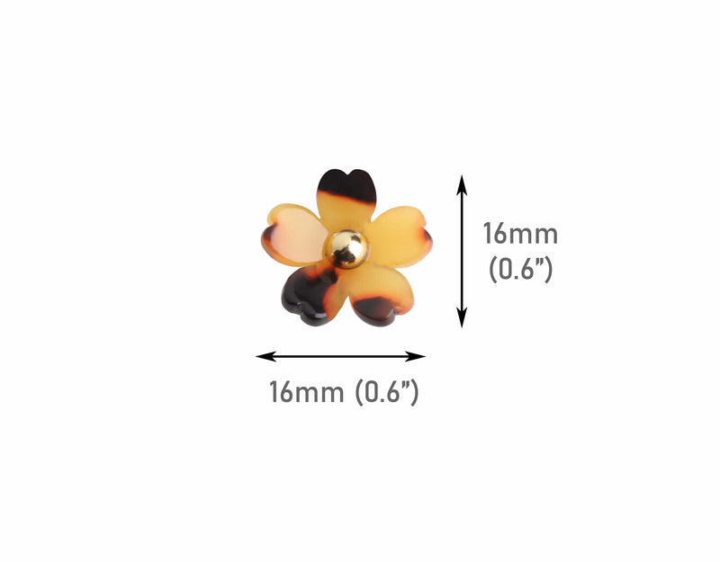 4 Small Flower Flatbacks in Tortoise Shell with Gold Middles, 18mm, Undrilled, Cute Cabochons