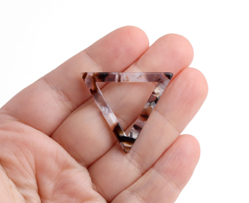 2 Large Triangle Charms in Dark Brown Marble, 34.5 x 30mm, 1 Hole, Translucent Plastic Beads