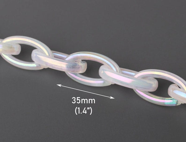 1ft Clear Acrylic Chain Links in Opal Mist, 35mm, Chunky Ovals, Translucent and Iridescent