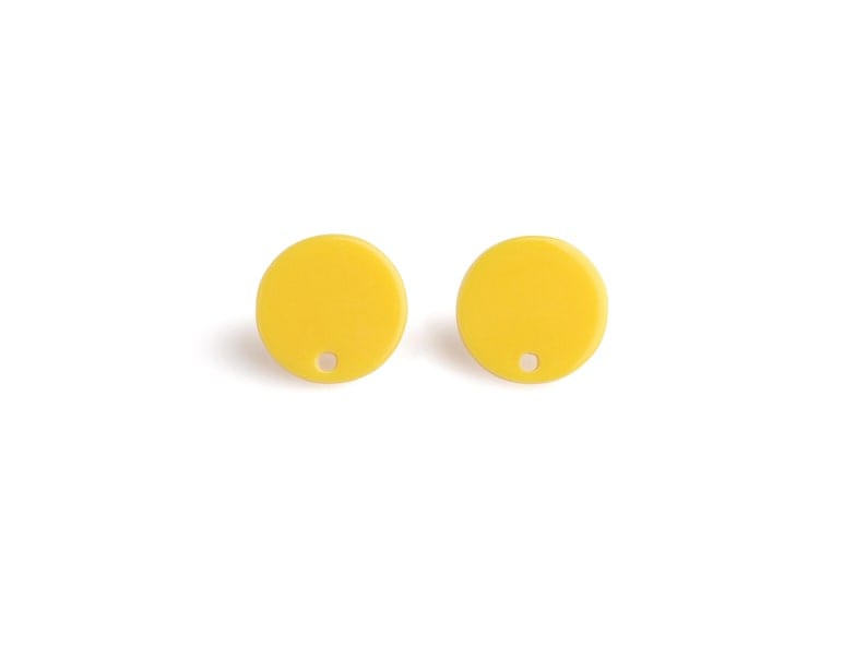 4 Yellow Stud Earrings with Holes, Small Round Circle Ear Studs with Post, Bright Acrylic, 14mm