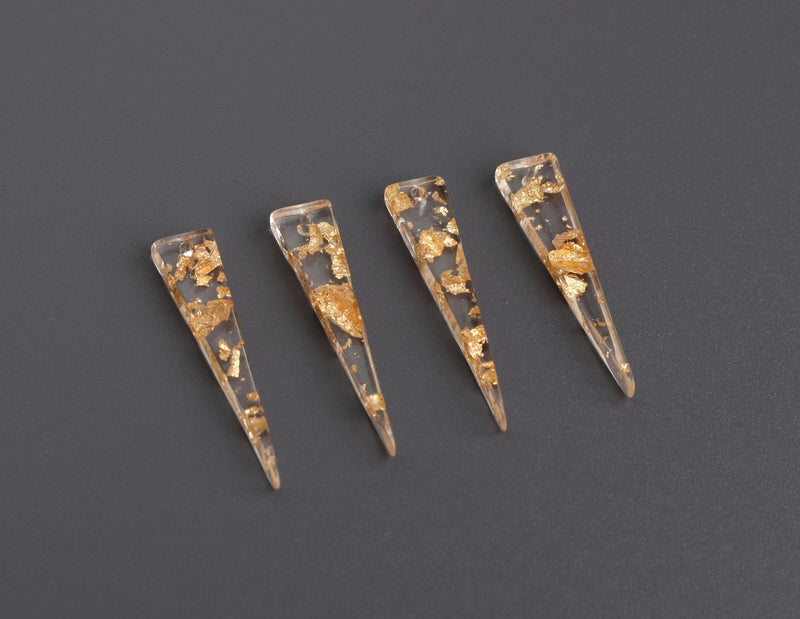4 Clear Acrylic Spike Charms with Gold Foil Flakes, 28.5 x 6mm, Tiny Earring Blanks with 1 Hole