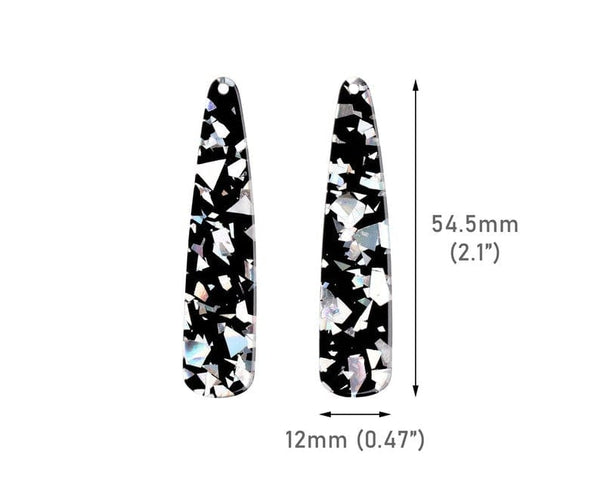 4 Black Teardrop Charms with Silver Foil Flakes, Holographic Glitter, Earring Drops, Acrylic, 54.5 x 12mm