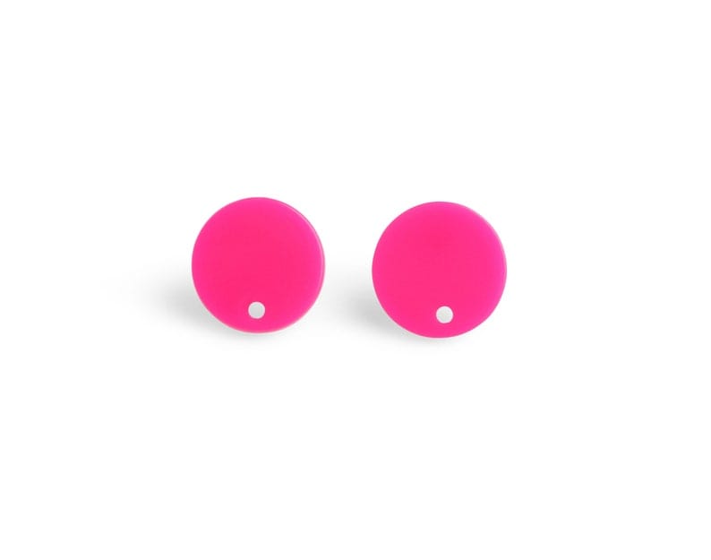4 Neon Pink Earring Blanks, 1 Hole, Hot Pink Colored, Acrylic Earring Post, Circle Earring Findings, 14mm