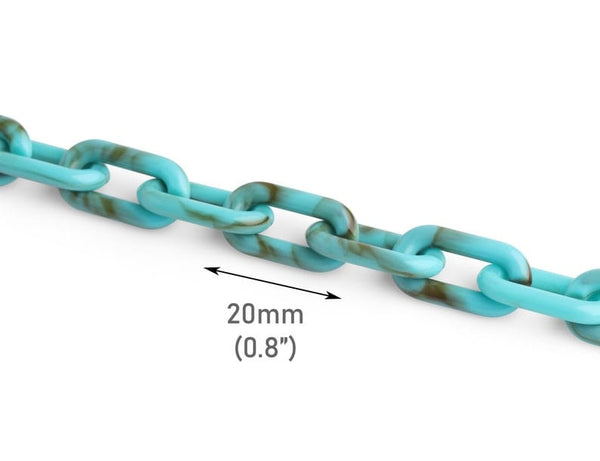 1ft Small Turquoise Green Acrylic Chain Links, 20mm, Paperclip, Marble Effect