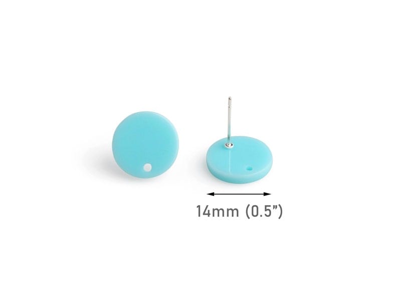 4 Light Sky Blue Stud Earrings with Holes, Small Flat Round Circle Ear Studs with Posts, Acrylic, 14mm