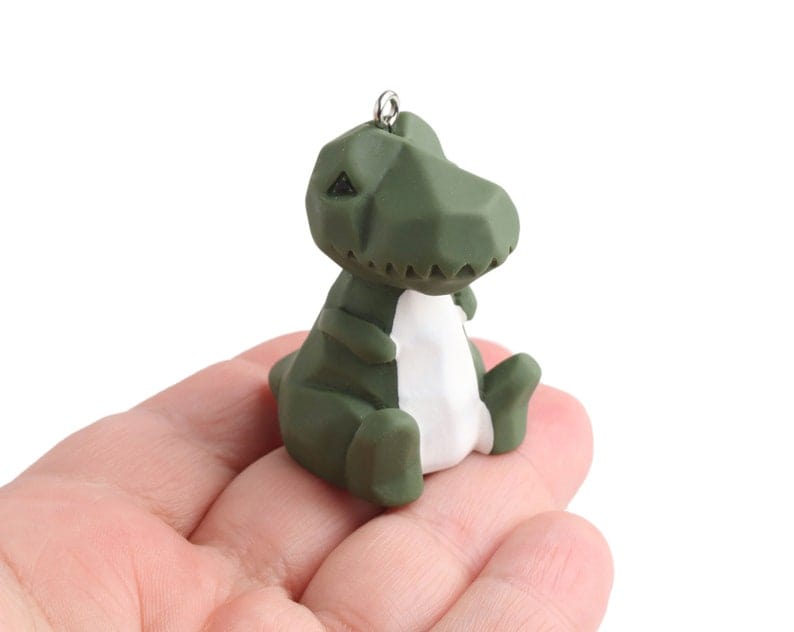 1 Geometric Dinosaur Figurine with Loop, For Keychain, Hand Painted Low Poly Animal Sculpture, Cute Baby T-Rex, Matte Green Plastic, 1.9" Inch