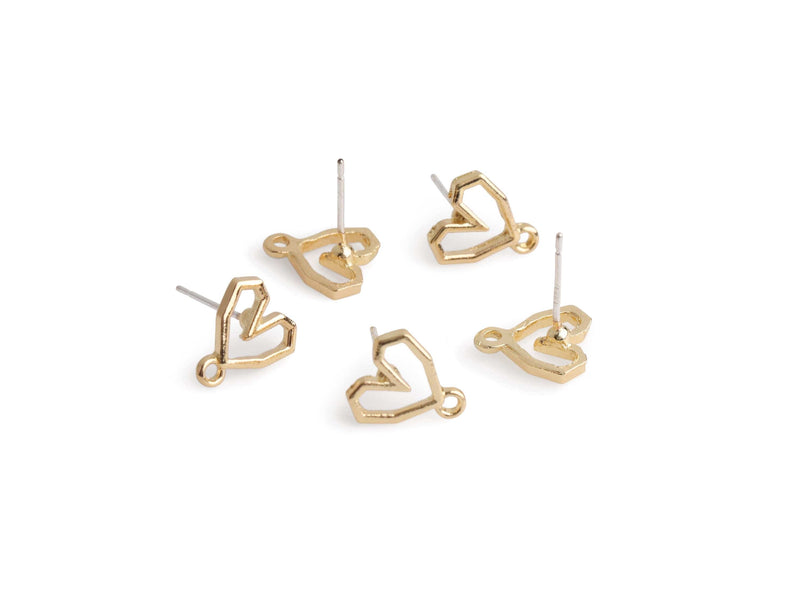 4 Gold Heart Stud Earrings with Loop, 10.5 x 10mm, Geometric Heart Outline, Metal Alloy