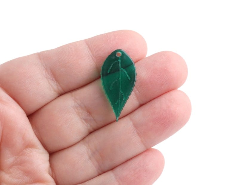 4 Forest Green Leaf Charms, 1 Hole, Engraved, Ribbed Edge, Transparent Acrylic, 27.5 x 13.5mm