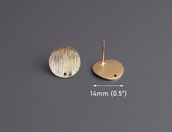 4 Gold Brushed Stud Earrings with Hole, Round Circle with Posts, Brush Stroke Metal, 14mm