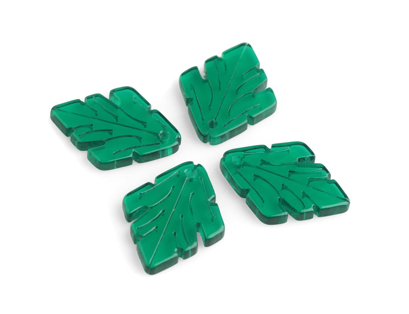 2 Forest Green Leaf Beads, 1 x 0.75", 1 Hole, Transparent Green Acrylic Charms, Engraved