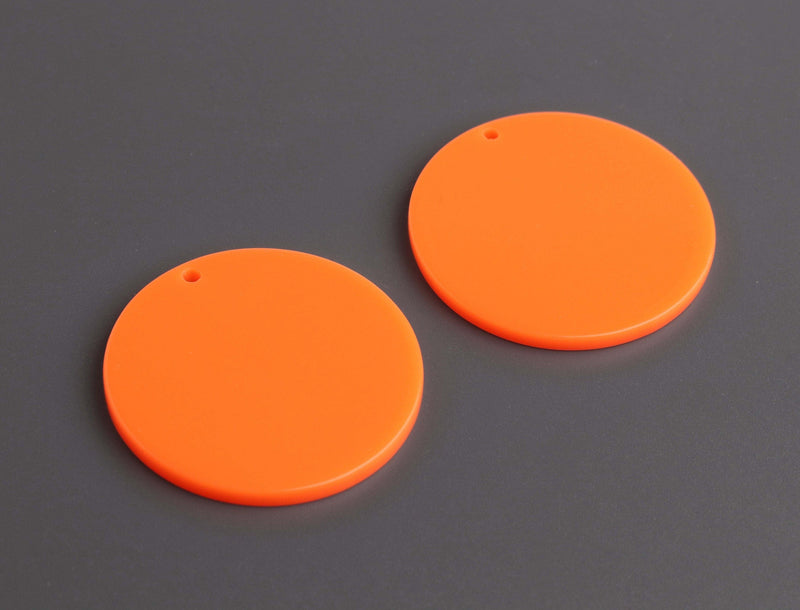 4 Neon Orange Charms, 35mm, 1 Hole, Acrylic Plastic Round Beads