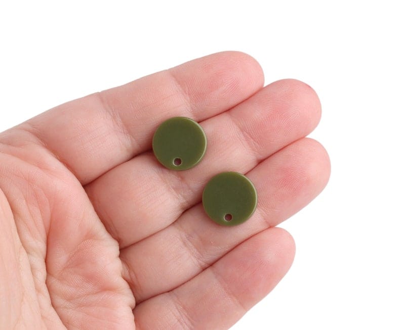 4 Olive Green Ear Studs with Hole, Metal Posts, DIY Earring Crafts and Jewelry, Acrylic, 14mm
