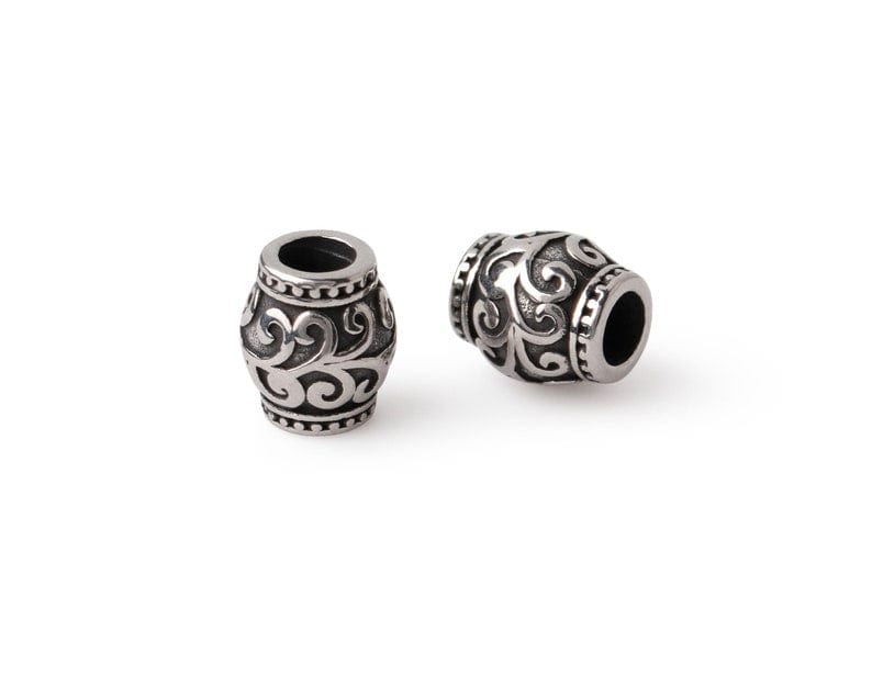 1 Stainless Steel Barrel Bead with Scrollwork, 5mm Hole, Textured, Bracelet Spacer Beads, 11.5 x 10mm