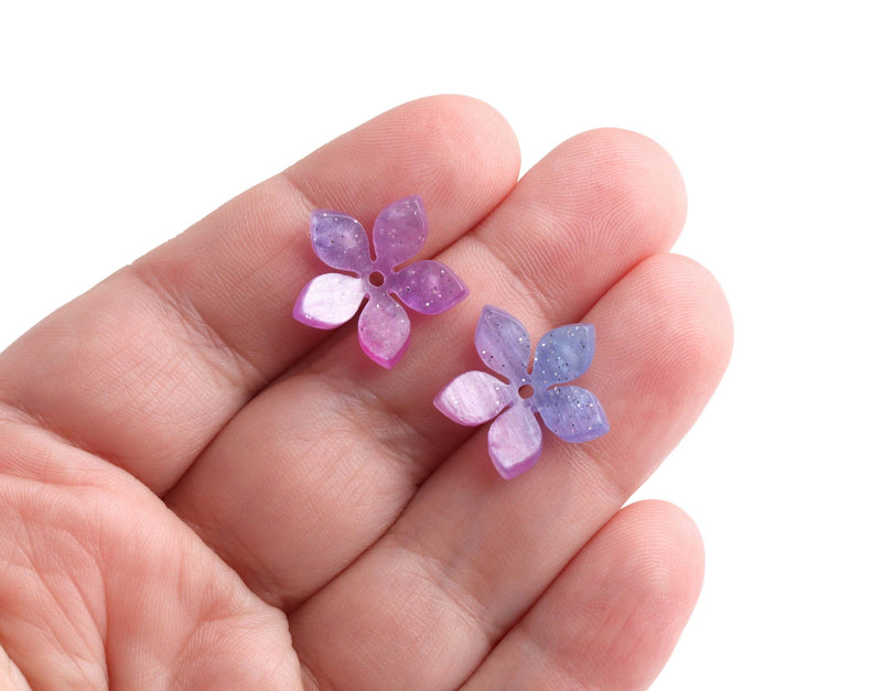 4 Small Blue and Purple Ombre Flower Beads, 18mm, 1 Hole Center Drilled, Acrylic Cabs