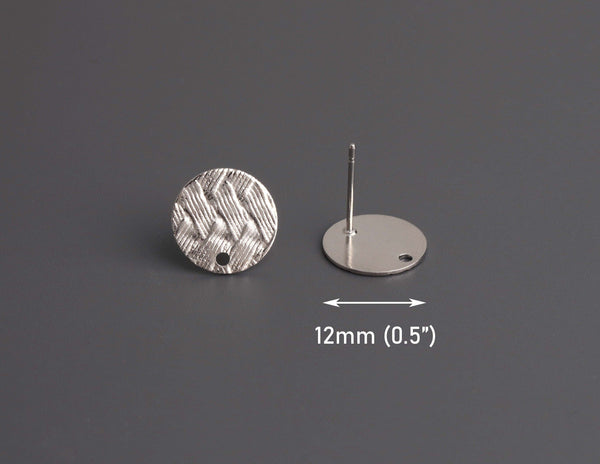 4 Silver Earring Studs with Woven Texture, 12mm, 1 Hole, Metal, Basket Weave Texture