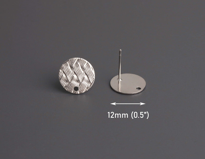 4 Silver Earring Studs with Woven Texture, 12mm, 1 Hole, Metal, Basket Weave Texture
