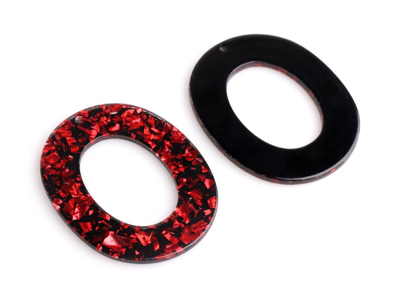 2 Black Oval Connector Rings, Glitter Acrylic Earring Blank, Lucite Charm, Christmas Red Glitter Foil Flake, Jewelry Supplies, VG049-49-BKRF