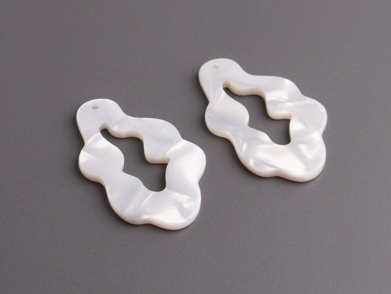 4 Pearl White Cloud Charms, Organic Shape, Cellulose Acetate, 41.25 x 25.5mm